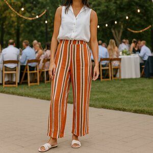 LULUMARI Women's Wide Leg Pants Large Orange Stripe Palazzo High Rise.